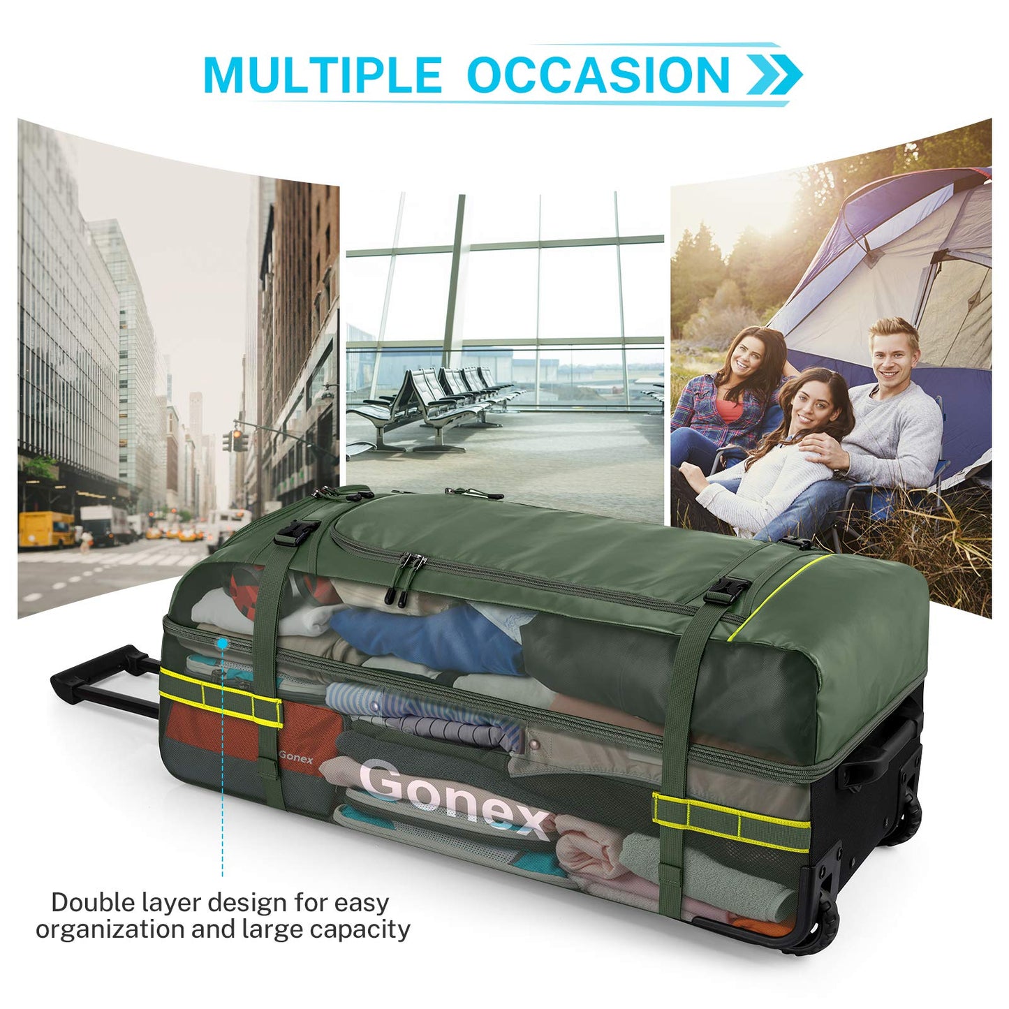 Gonex 70L Wheeled Duffle - Olive Green Travel Bag