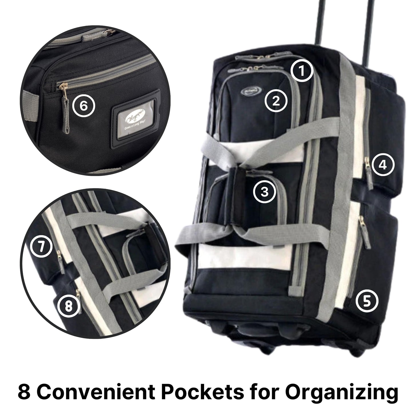 Olympia 22 Max Wheeled Duffel: 8-Pocket Water-Resist