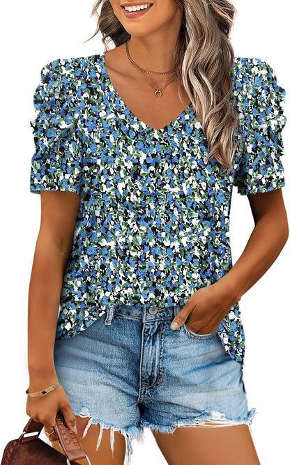 XIEERDUO Summer V-Neck Puff Sleeve Tee - All Sizes
