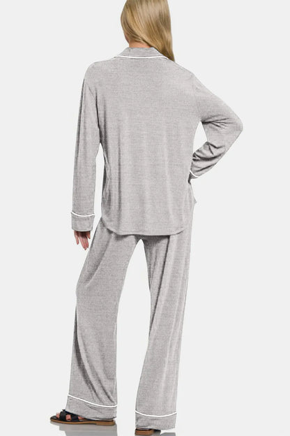 Zenana Button Down Long Sleeve Top and Pants Lounge Set - Premium Sleepwear from Trendsi - Just $46.99! Shop now at Handbags Specialist Headquarter