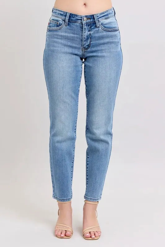 Judy Blue Full Size Mid Rise Vintage Wash Slim Jeans with Cell Phone Pocket Plus Size - Premium Women / Jeans & Denim from Trendsi - Just $60.99! Shop now at Handbags Specialist Headquarter