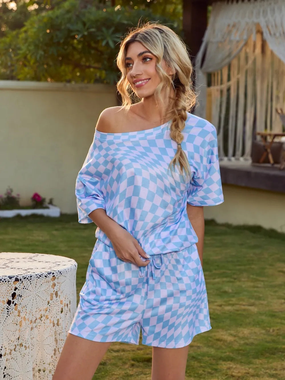 Plaid Round Neck Top and Shorts Lounge Set - Premium sleepwear from Trendsi - Just $30.99! Shop now at Handbags Specialist Headquarter