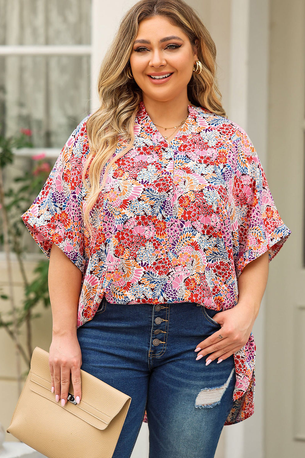 Plus Size Printed Notched Neck Half Sleeve Top - Premium Plus Size Shirts from Trendsi - Just $28! Shop now at Handbags Specialist Headquarter