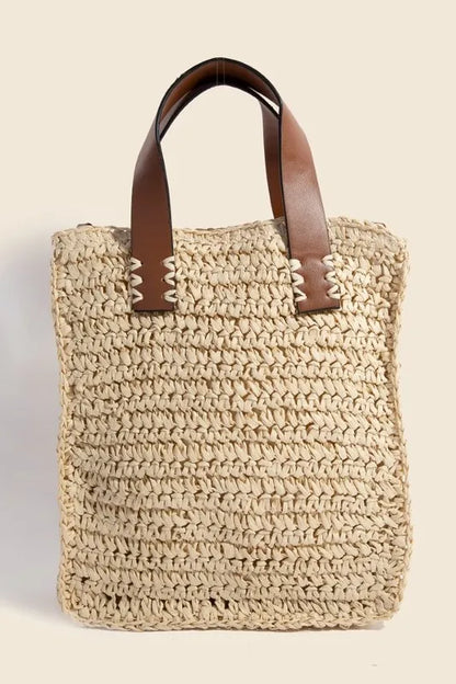 Fame Faux Leather Handle Straw Braided Handbag - Premium Tote Bag from Trendsi - Just $31.99! Shop now at Handbags Specialist Headquarter