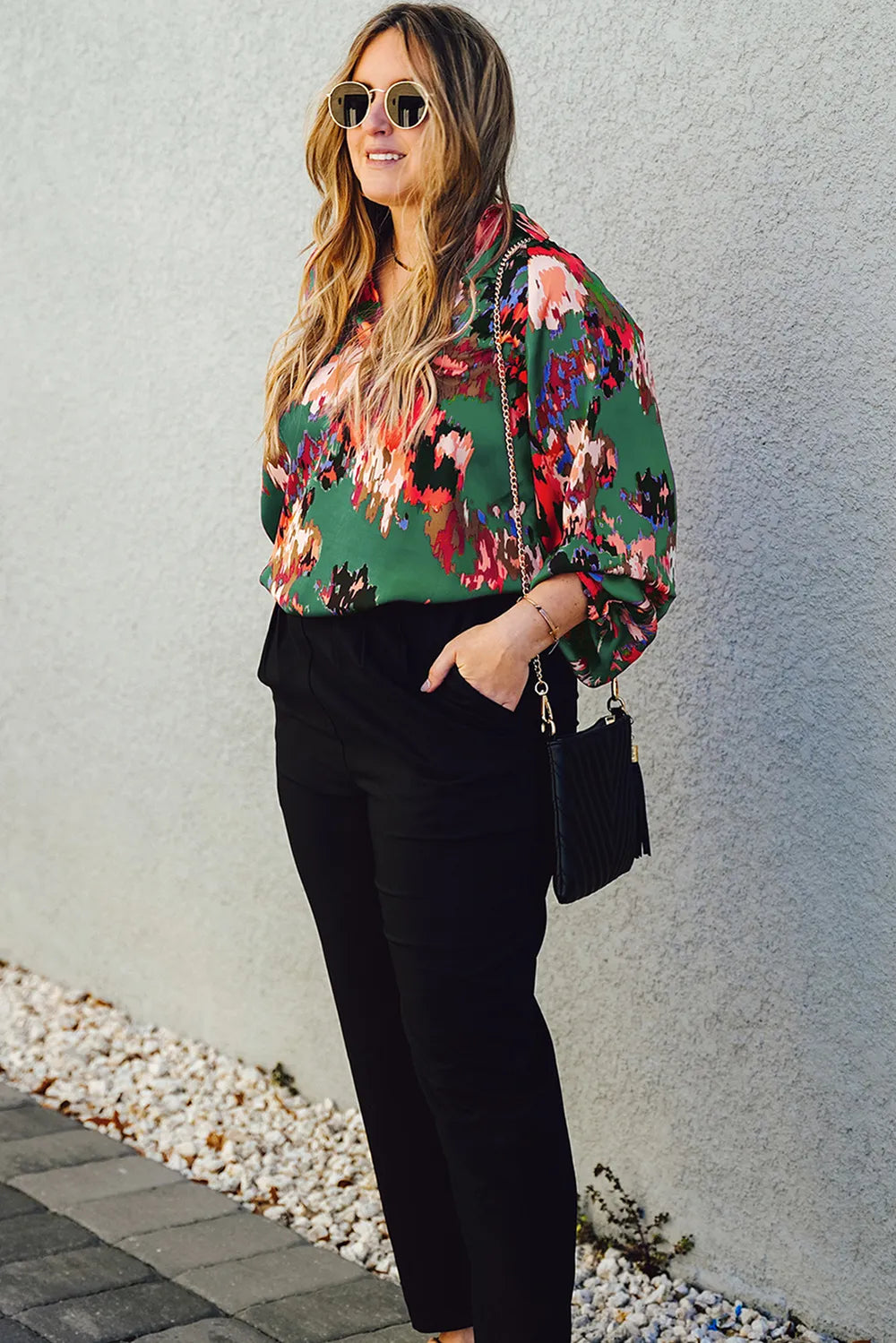 Plus Size Printed Johnny Collar Long Sleeve Blouse - Premium Plus Size Shirts from Trendsi - Just $29! Shop now at Handbags Specialist Headquarter