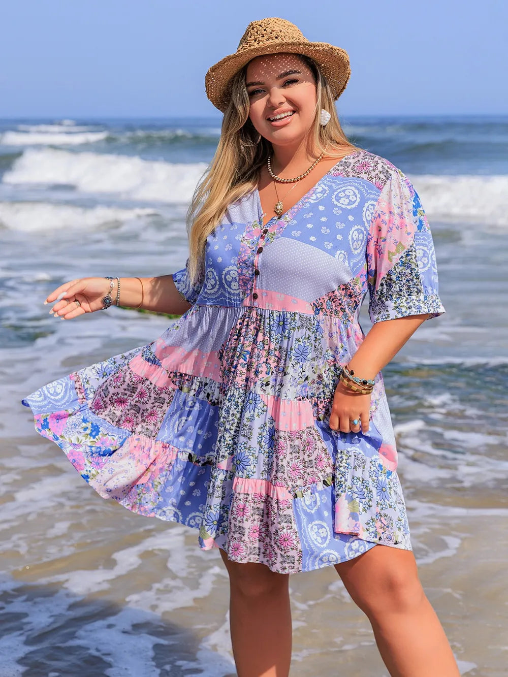 Plus Size Printed V-Neck Tiered Mini Dress - Premium Dresses from Trendsi - Just $33.99! Shop now at Handbags Specialist Headquarter