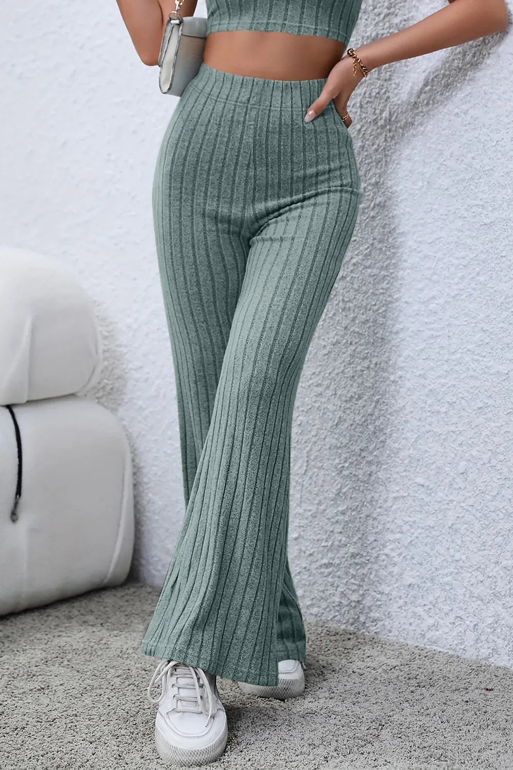 Basic Bae Full Size Ribbed High Waist Flare Pants - Premium Women Pants from Trendsi - Just $10.99! Shop now at Handbags Specialist Headquarter
