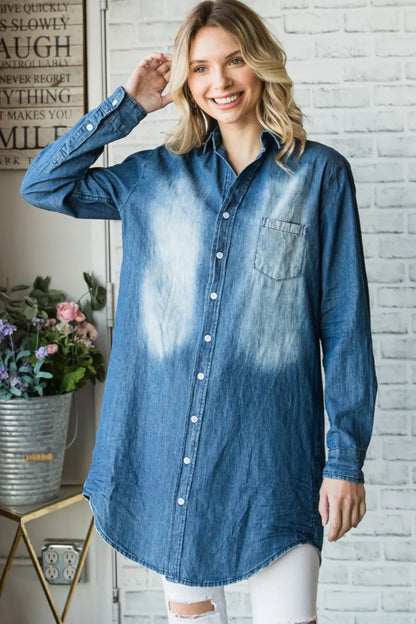 Veveret Pocketed Button Up Washed Denim Shirt - Premium Women / Jeans & Denim from Trendsi - Just $60.40! Shop now at Handbags Specialist Headquarter