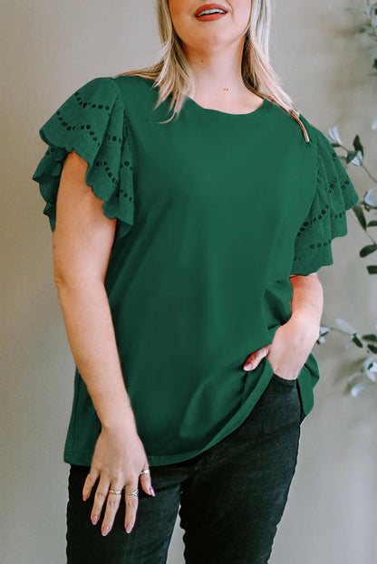 Plus Size Eyelet Round Neck Short Sleeve Blouse.