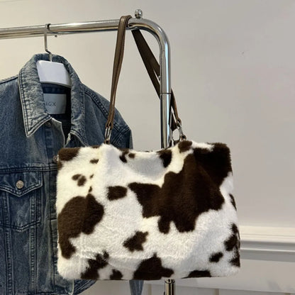 Cow Print Furry Tote Bag - Premium Tote Bag from Trendsi - Just $39.99! Shop now at Handbags Specialist Headquarter