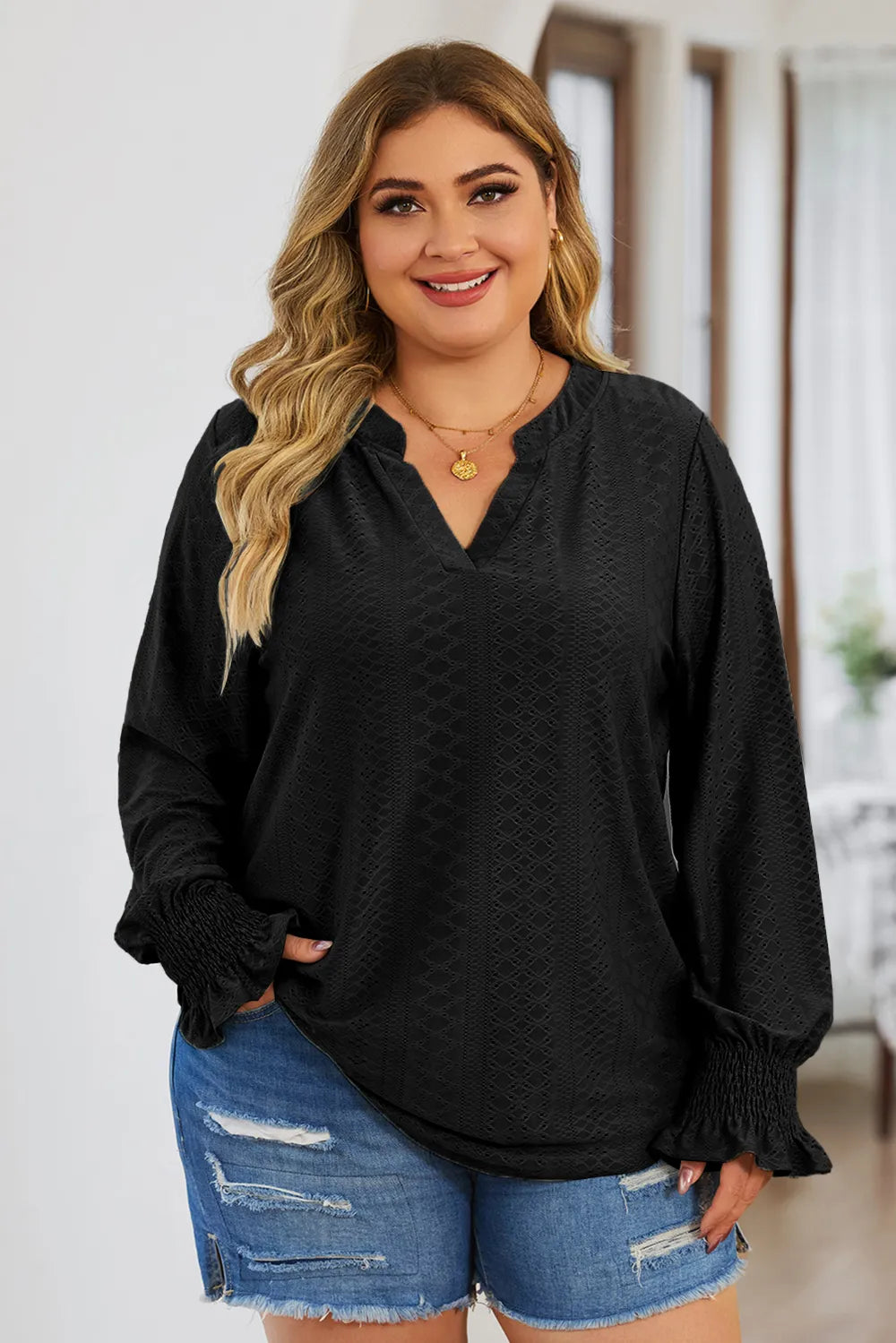 Plus Size Eyelet Notched Flounce Sleeve Blouse - Premium Plus Size Shirts from Trendsi - Just $27! Shop now at Handbags Specialist Headquarter
