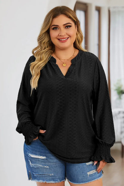Plus Size Eyelet Notched Flounce Sleeve Blouse - Premium Plus Size Shirts from Trendsi - Just $27! Shop now at Handbags Specialist Headquarter