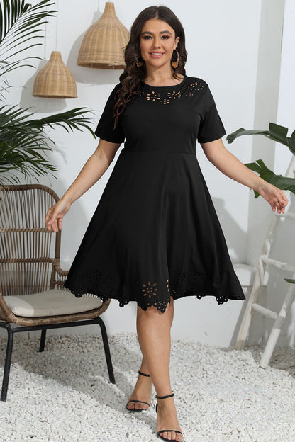 Plus Size Round Neck Openwork Dress - Premium Dresses from Trendsi - Just $30.99! Shop now at Handbags Specialist Headquarter