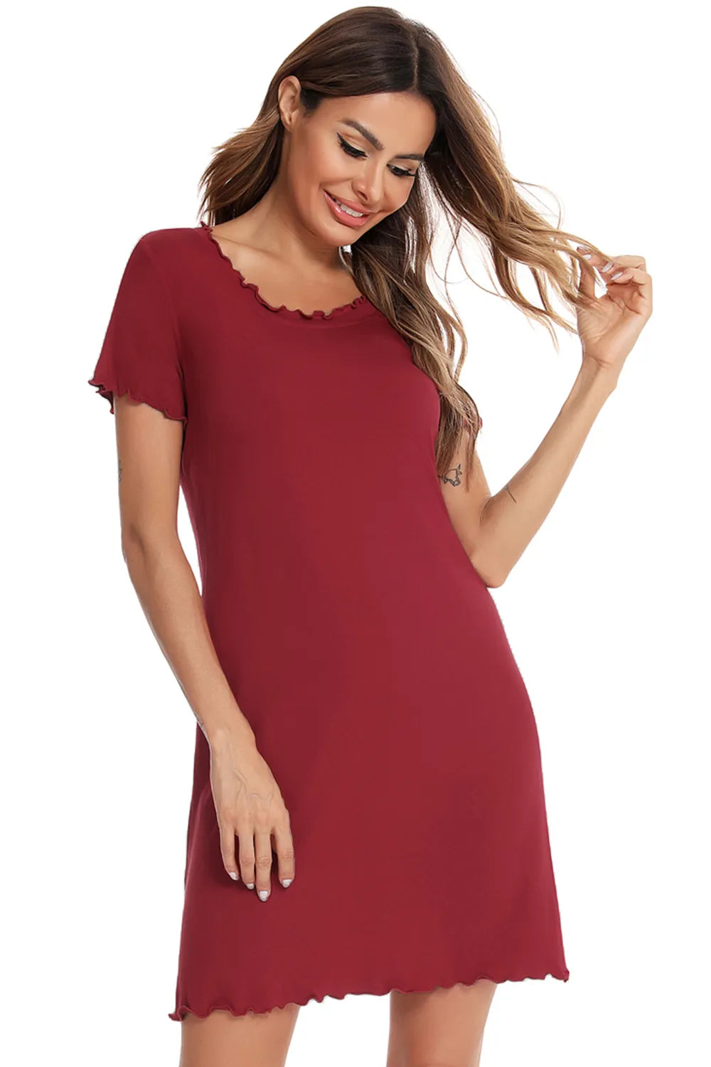 Round Neck Short Sleeve Lounge Dress - Premium Sleepwear from Trendsi - Just $28.99! Shop now at Handbags Specialist Headquarter