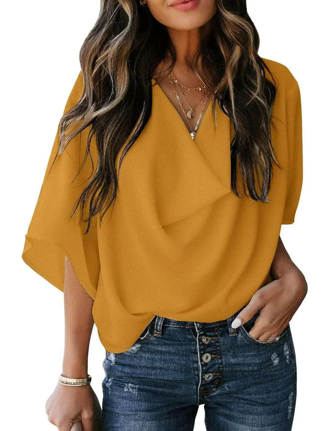 Full Size Ruched Three-Quarter Sleeve Blouse Plus Size.