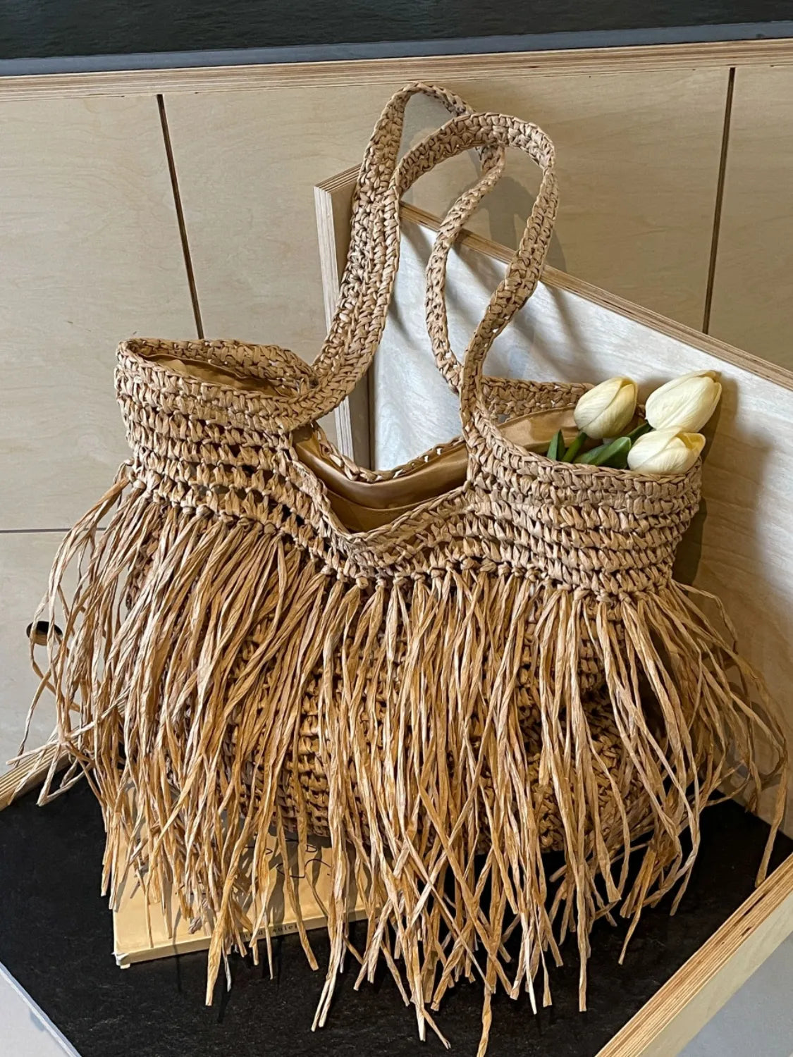 Bohemian Straw Fringe Hobo Handbag - Premium handbags from Trendsi - Just $47.99! Shop now at Handbags Specialist Headquarter