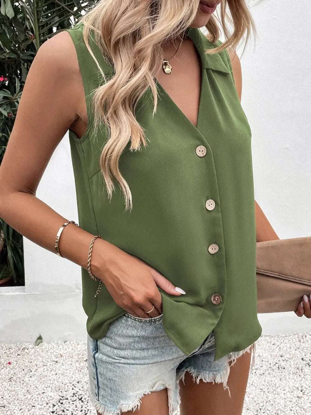 Full Size Johnny Collar Button Down Tank Plus Size - Premium Dresses from Trendsi - Just $20.99! Shop now at Handbags Specialist Headquarter