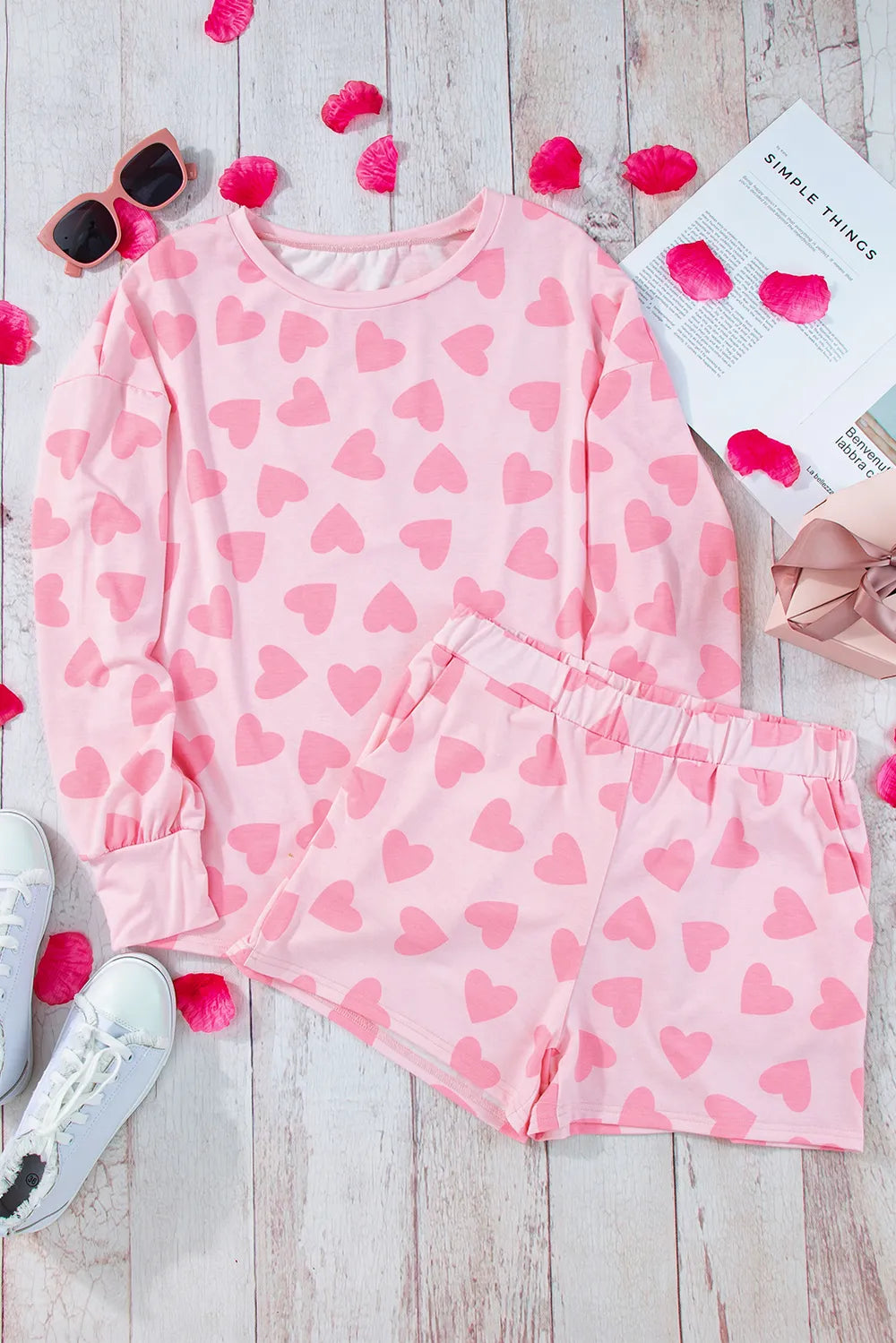 Heart Print Long Sleeve Top and Shorts Lounge Set - Premium Sleepwear from Trendsi - Just $37.99! Shop now at Handbags Specialist Headquarter