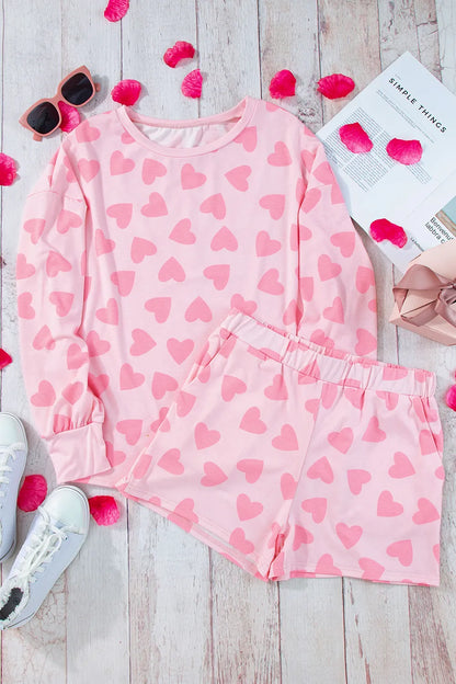 Heart Print Long Sleeve Top and Shorts Lounge Set - Premium Sleepwear from Trendsi - Just $37.99! Shop now at Handbags Specialist Headquarter