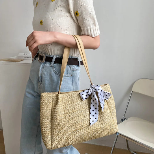 Straw Woven Leather Strap Handbag - Premium Handbags from Trendsi - Just $24.99! Shop now at Handbags Specialist Headquarter