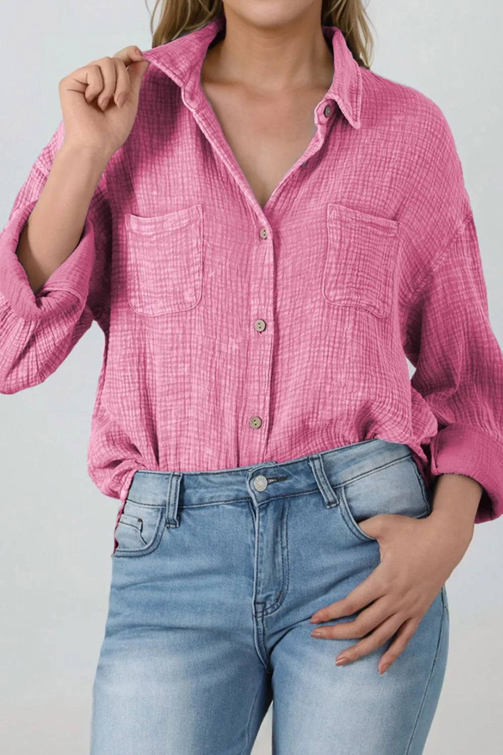 Button Down Collared Neck Long Sleeve Shirt - Premium Women's Down Shirt Tops from Trendsi - Just $52.98! Shop now at Handbags Specialist Headquarter