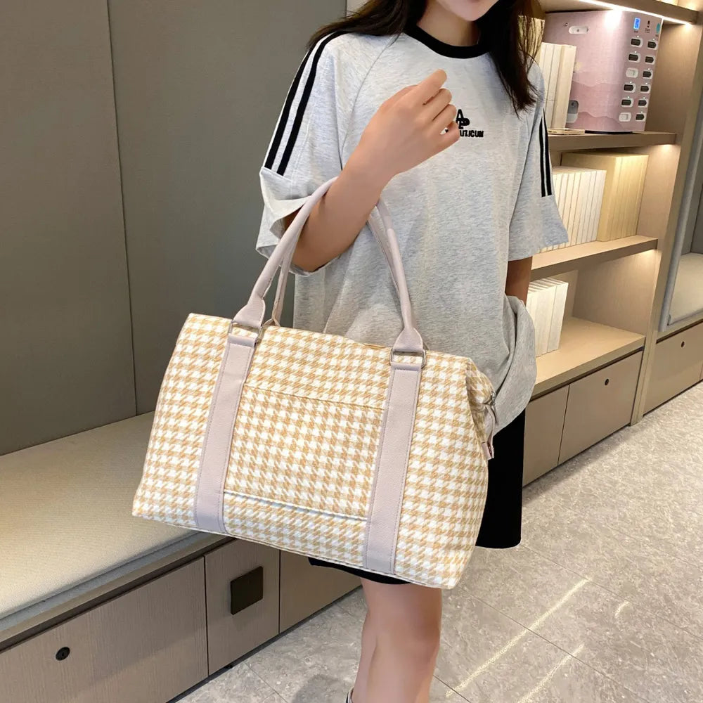 Houndstooth Canvas Travel Bag - Premium travel-bag from Trendsi - Just $44.99! Shop now at Handbags Specialist Headquarter