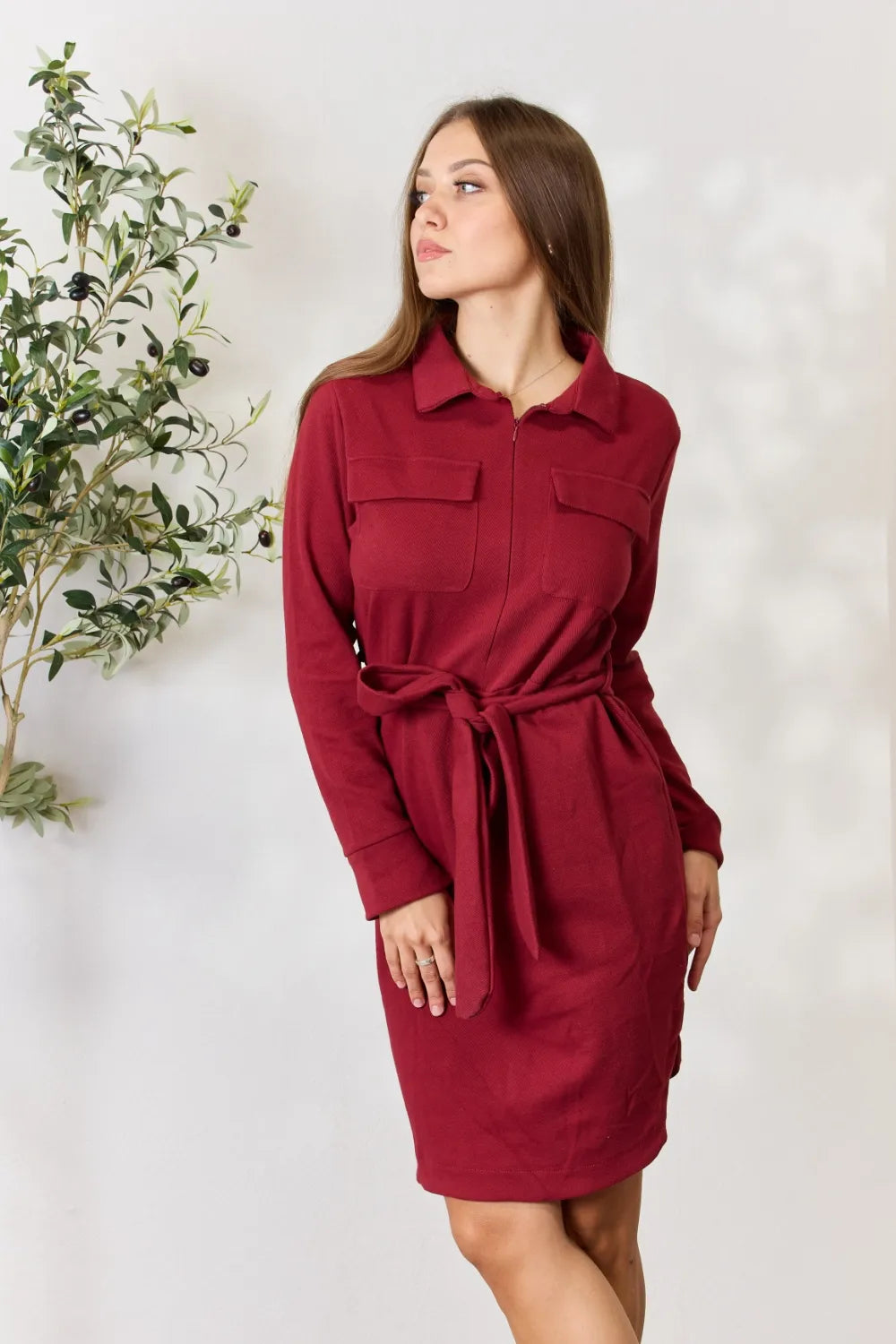 Culture Code Full Size Tie Front Half Zip Long Sleeve Shirt Dress - Premium Dresses from Trendsi - Just $37.99! Shop now at Handbags Specialist Headquarter