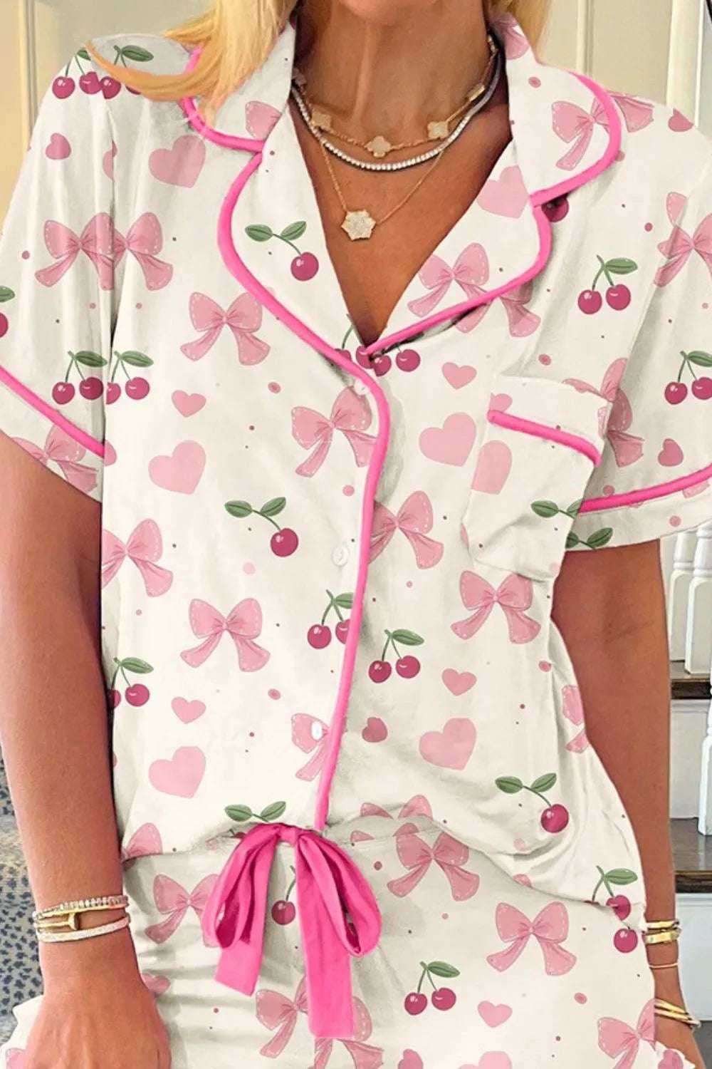 Printed Button Up Short Sleeve Top and Shorts Lounge Set - Premium Sleepwear from Trendsi - Just $48.99! Shop now at Handbags Specialist Headquarter