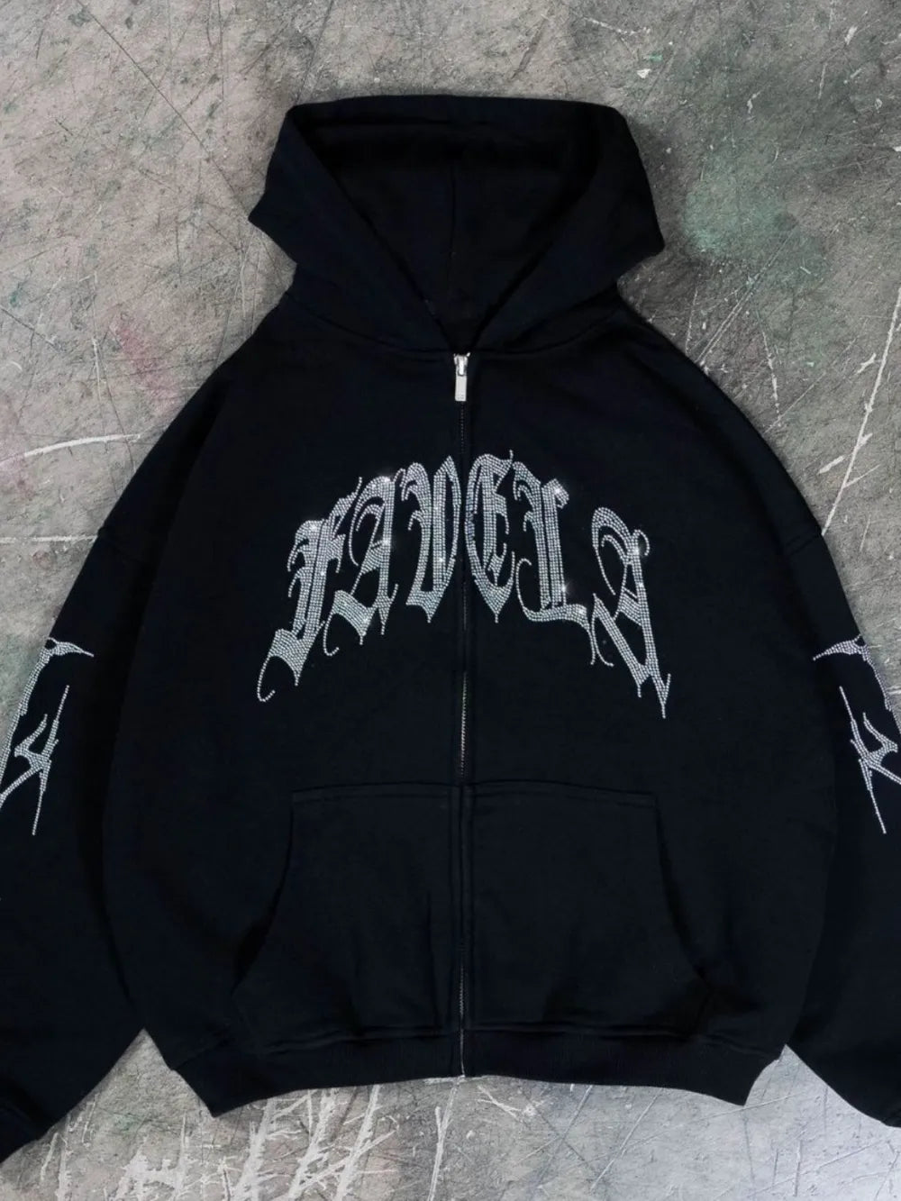 Men's Rhinestone Letter Zip Up Long Sleeve Hoodie - Premium Men's Sweatshirts from Trendsi - Just $31.02! Shop now at Handbags Specialist Headquarter