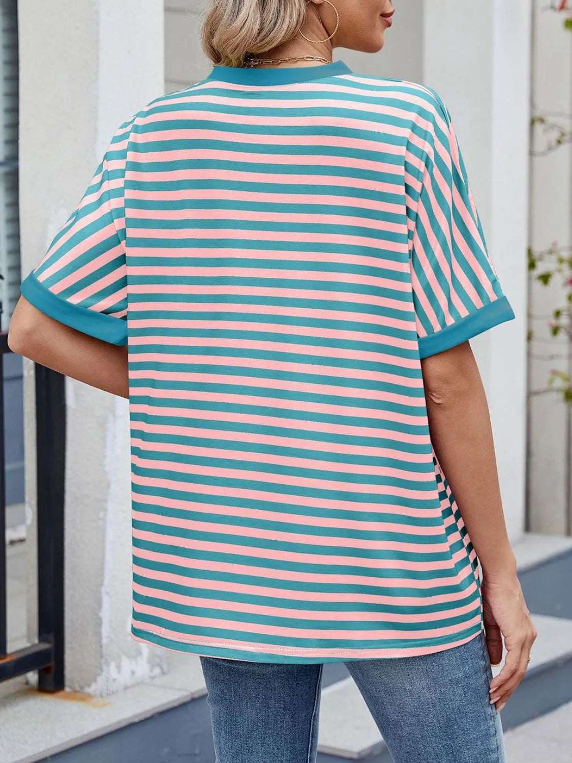 Striped Round Neck Half Sleeve T-Shirt - Premium Women / Tops from Trendsi - Just $19.34! Shop now at Handbags Specialist Headquarter