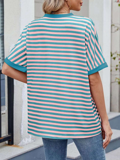 Striped Round Neck Half Sleeve T-Shirt - Premium Women / Tops from Trendsi - Just $19.34! Shop now at Handbags Specialist Headquarter