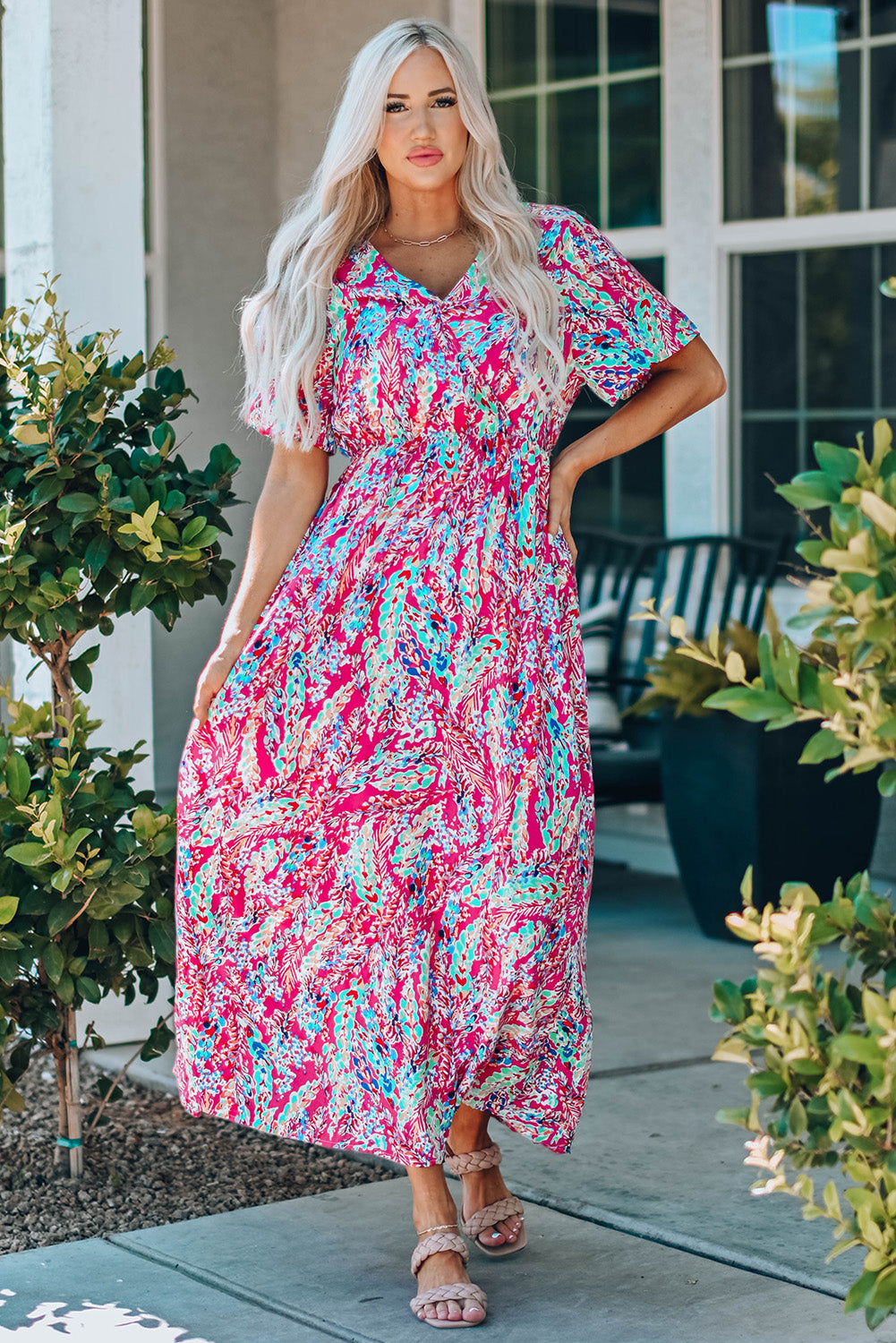 Multicolored V-Neck Maxi Dress - Premium Maxi Dress from Trendsi - Just $38.99! Shop now at Handbags Specialist Headquarter