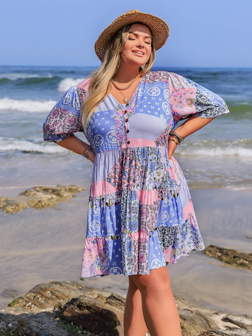 Plus Size Printed V-Neck Tiered Mini Dress - Premium Dresses from Trendsi - Just $33.99! Shop now at Handbags Specialist Headquarter