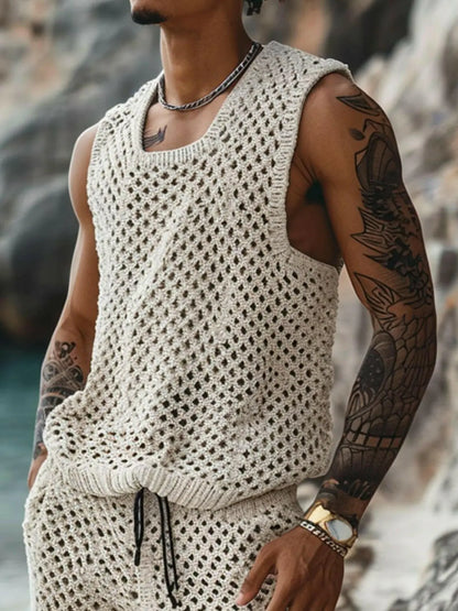 Men's Plus Size Hollow Out Round Neck Tank and Shorts Set.