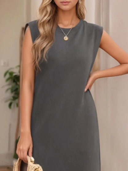 Full Size Slit Round Neck Sleeveless Maxi Tank Dress Plus Size.