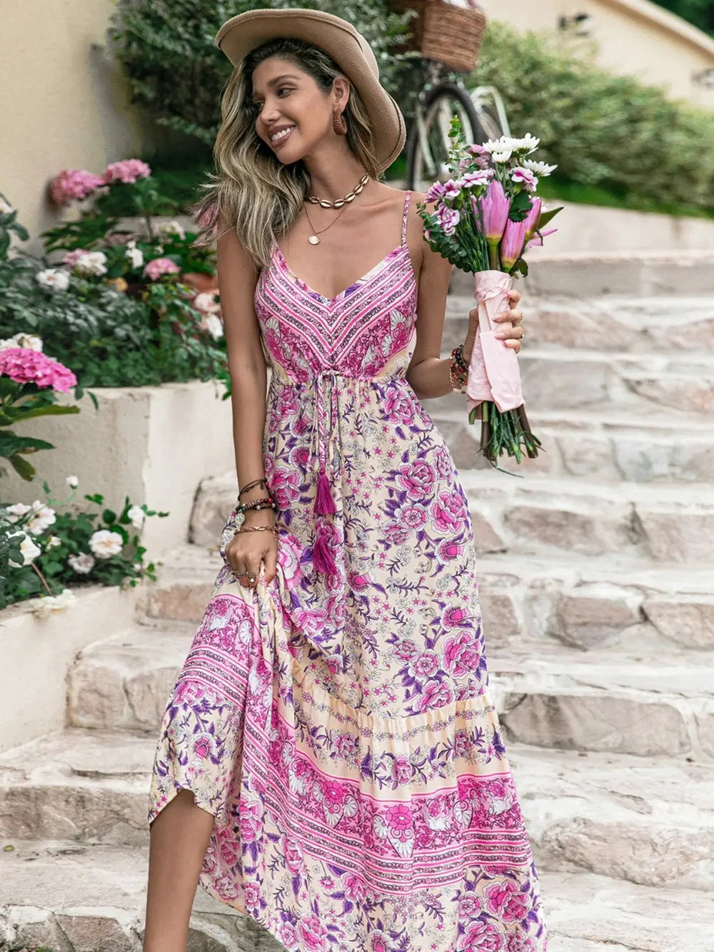 Tassel Printed V-Neck Maxi Dress - Premium Maxi Dress from Trendsi - Just $35.99! Shop now at Handbags Specialist Headquarter
