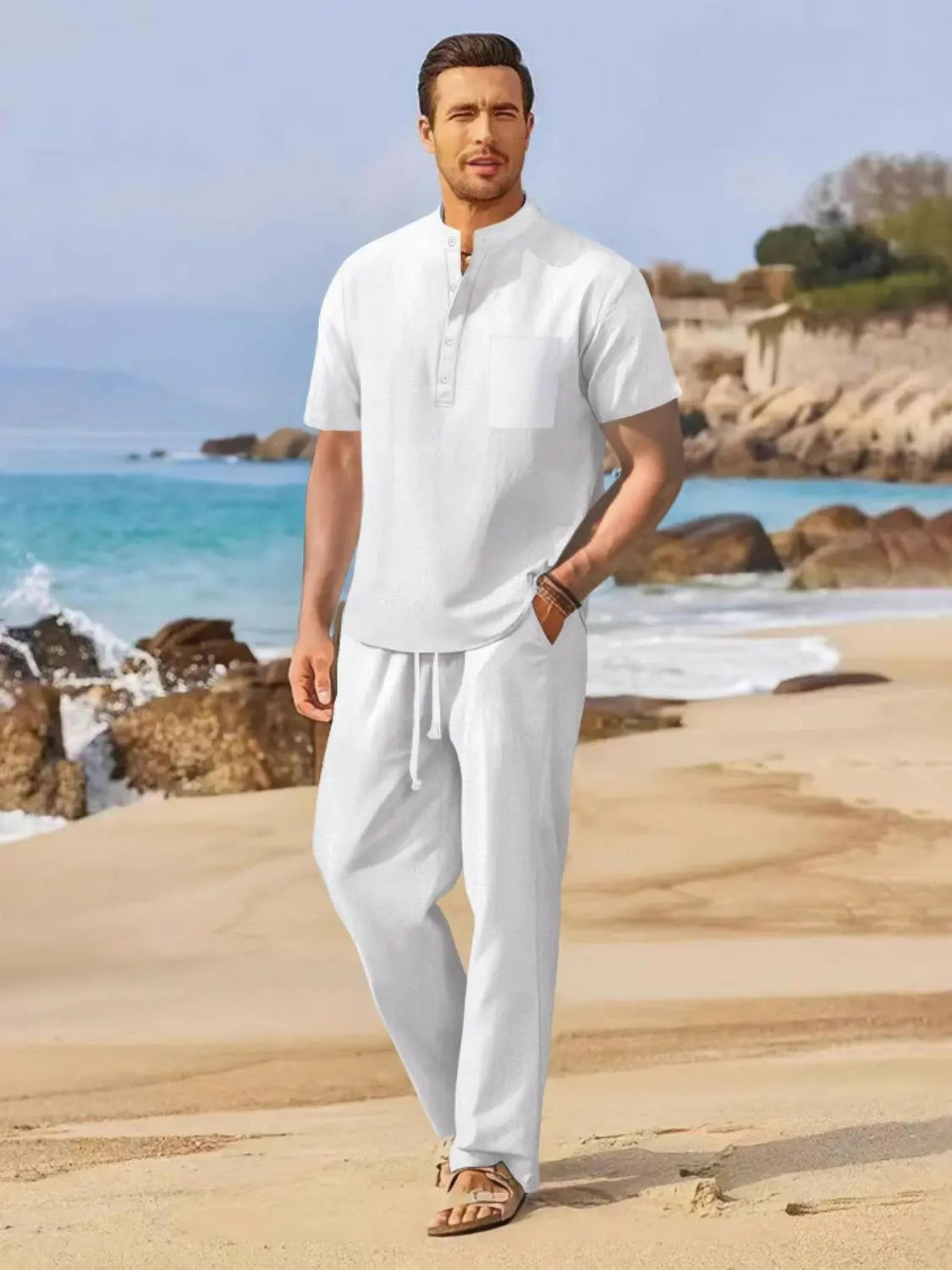 Men's Full Size Half Button Top and Drawstring Pants Set Plus Size.