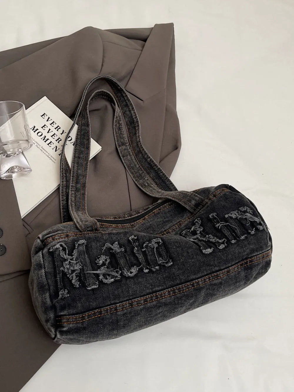 Letter Raw Edge Denim Handbag - Premium Tote Bag from Trendsi - Just $33.99! Shop now at Handbags Specialist Headquarter