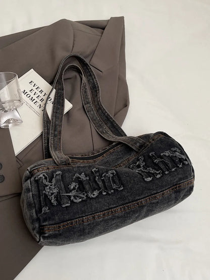 Letter Raw Edge Denim Handbag - Premium Tote Bag from Trendsi - Just $33.99! Shop now at Handbags Specialist Headquarter