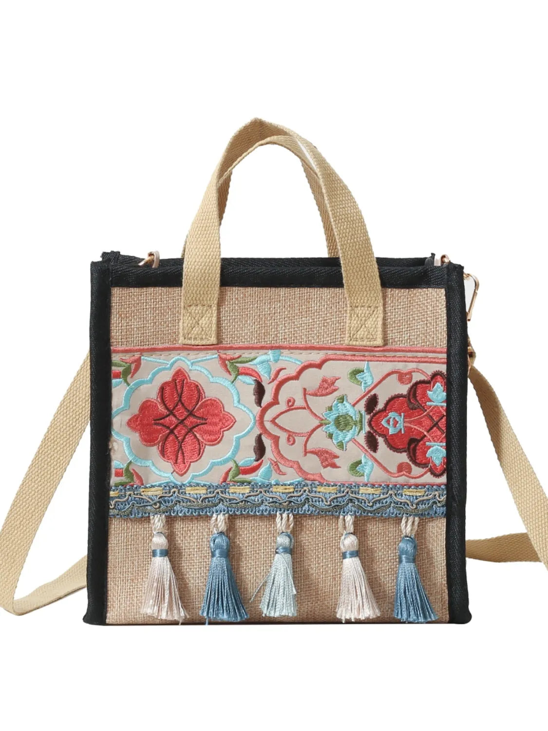 Vintage Embroidered Tassel Handbag with Canvas Strap - Premium handbags from Trendsi - Just $18.99! Shop now at Handbags Specialist Headquarter