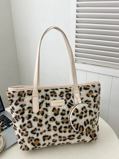 Leopard Faux Fur Tote Bag with Coin Purse - Premium Tote Bag from Trendsi - Just $39.99! Shop now at Handbags Specialist Headquarter