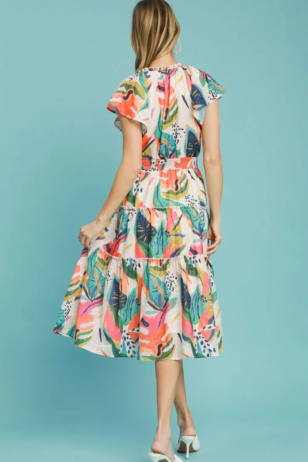 Umgee Full Size Leaf Print Cap Sleeve Tiered Midi Dress Plus Size - Premium Dresses from Trendsi - Just $58.99! Shop now at Handbags Specialist Headquarter