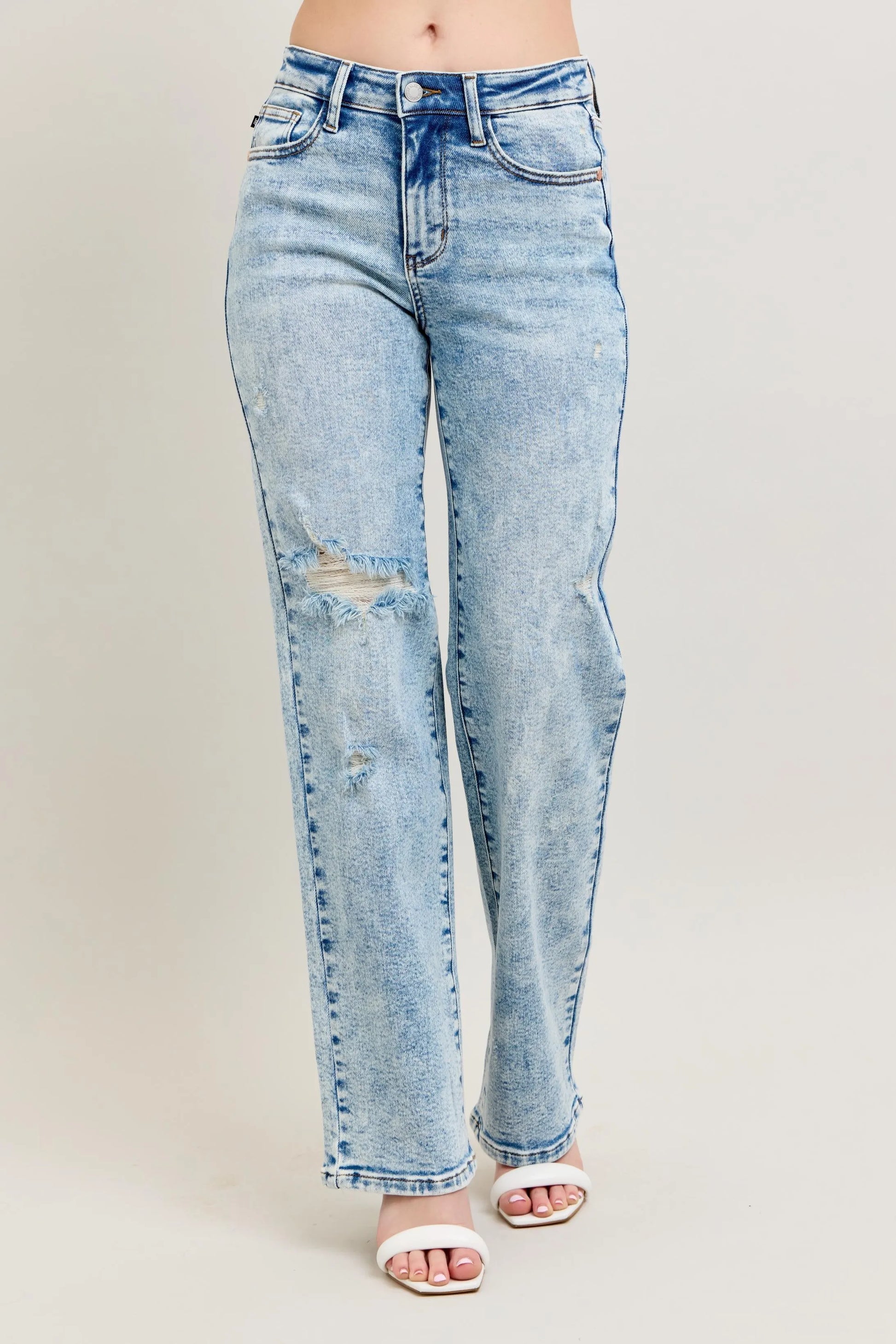 Judy Blue Full Size Hw Mineral Wash Destroy 90's Straight Jeans Plus Size - Premium Women / Jeans & Denim from Trendsi - Just $69.99! Shop now at Handbags Specialist Headquarter