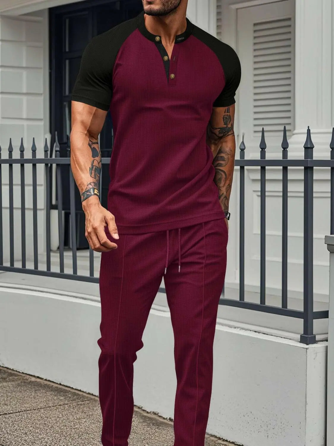 Men's Full Size Waffle-Knit Contrast Top and Drawstring Pants Set Plus Size.