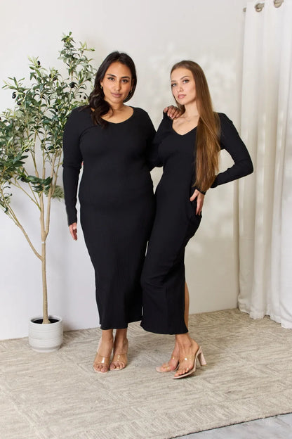 Culture Code Full Size Ribbed Long Sleeve Midi Slit Dress - Premium Dresses from Trendsi - Just $24.99! Shop now at Handbags Specialist Headquarter
