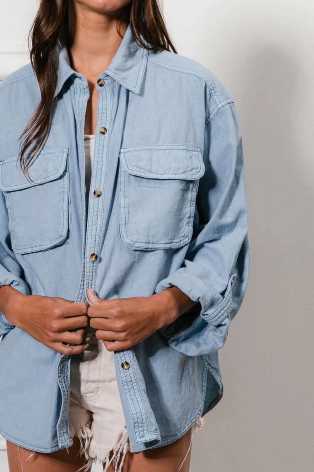 BiBi Button Down Stitch Detail Shirt with Chest Pockets - Premium Women / Jeans & Denim from Trendsi - Just $59.30! Shop now at Handbags Specialist Headquarter