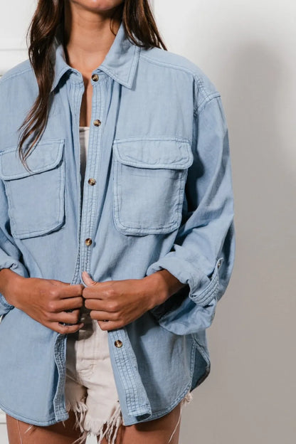 BiBi Button Down Stitch Detail Shirt with Chest Pockets - Premium Women / Jeans & Denim from Trendsi - Just $59.30! Shop now at Handbags Specialist Headquarter