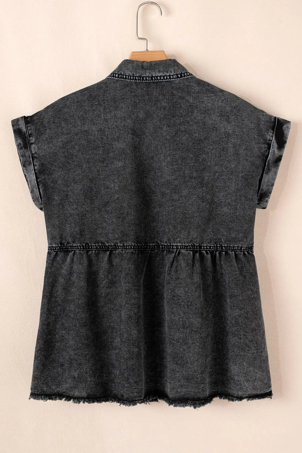 Short Sleeve Flap Pocket Button Up Raw Hem Denim Shirt - Premium Women / Jeans & Denim from Trendsi - Just $47.70! Shop now at Handbags Specialist Headquarter