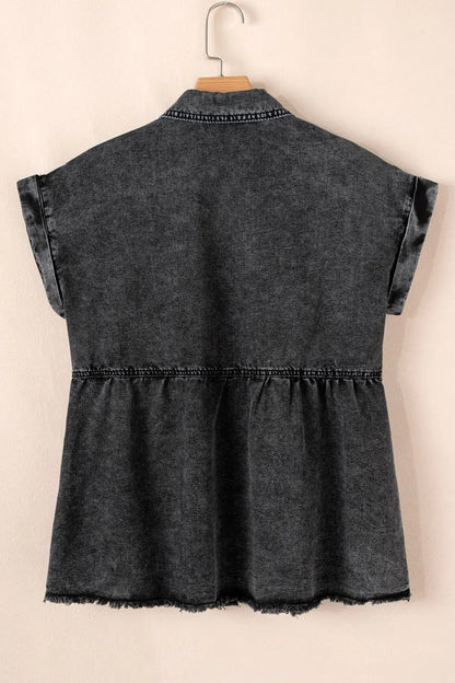 Short Sleeve Flap Pocket Button Up Raw Hem Denim Shirt - Premium Women / Jeans & Denim from Trendsi - Just $47.70! Shop now at Handbags Specialist Headquarter