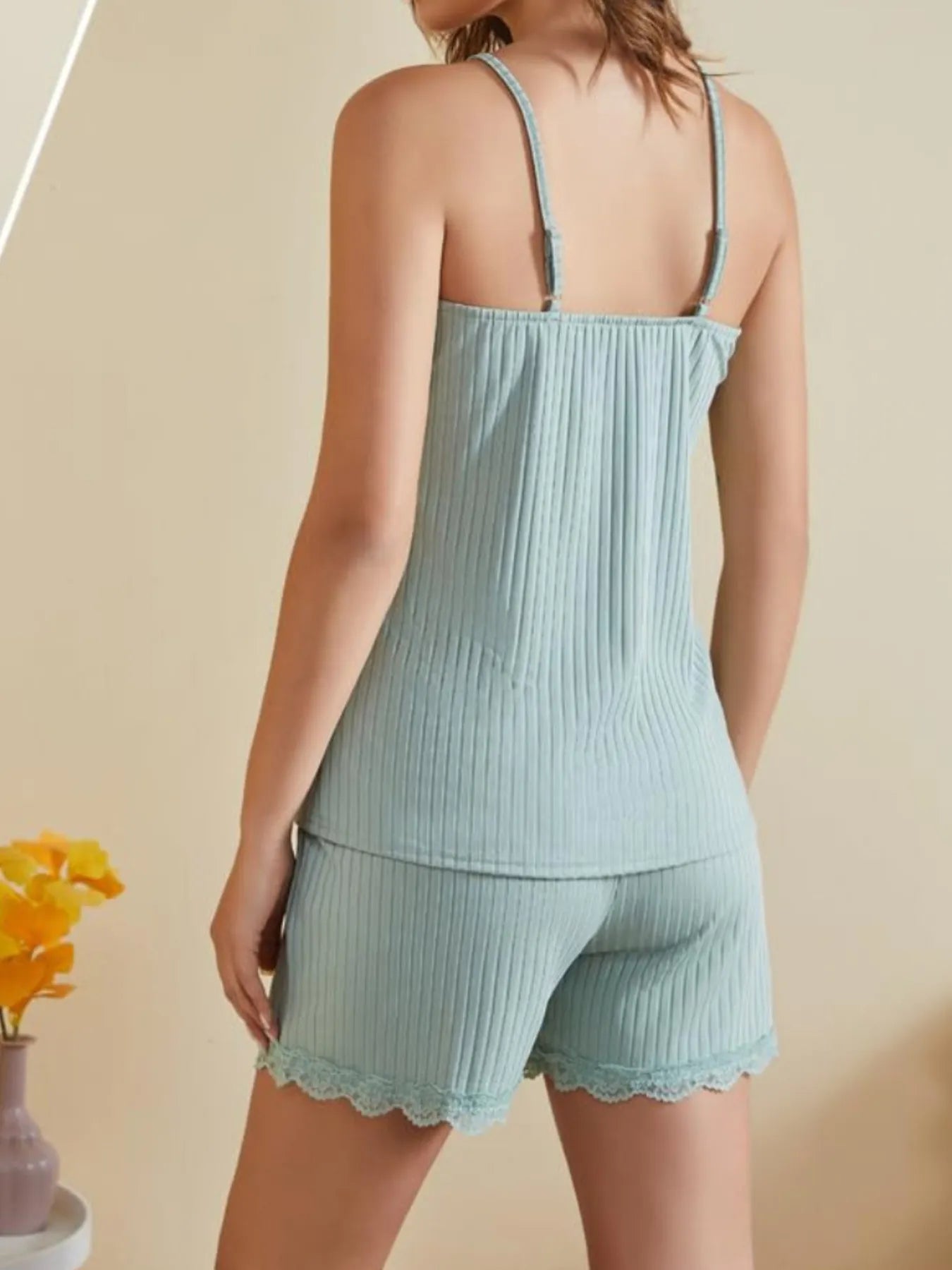 Lace-Trimmed Ribbed Cami and Shorts Lounge Set - Premium Sleepwear from Trendsi - Just $33.99! Shop now at Handbags Specialist Headquarter